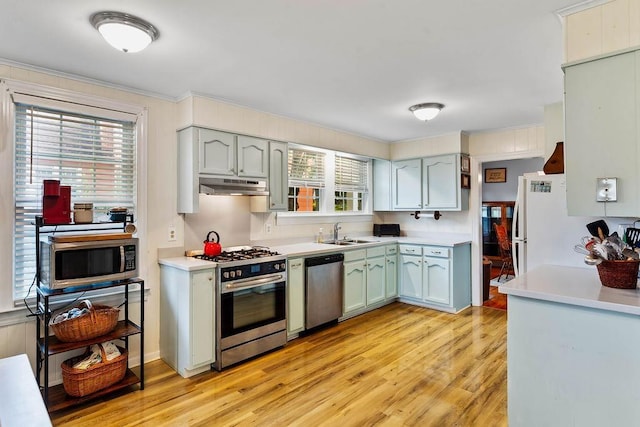 203 E S St, Union, SC 29379 - kitchen featuring stainless steel appliances, under cabinet range hood, light wood-type flooring, light countertops, and healthy amount of natural light