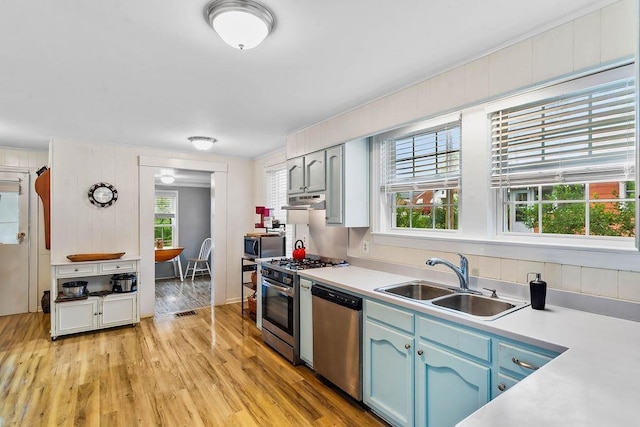 203 E S St, Union, SC 29379 - kitchen featuring stainless steel appliances, blue cabinets, light wood-type flooring, and light countertops