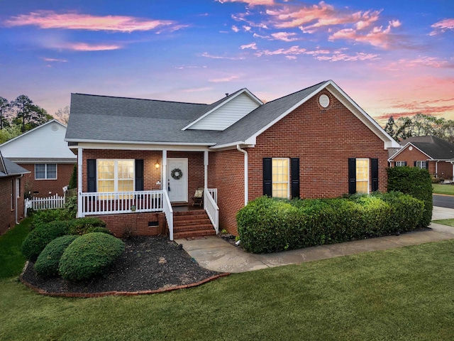110 Hidden Ridge Dr, Spartanburg, SC 29301 - view of front of home with brick siding, a yard, roof with shingles, and covered porch