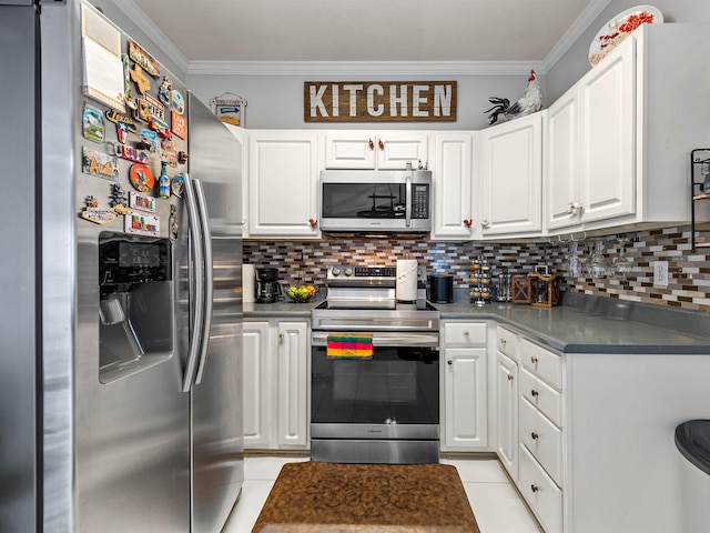 110 Hidden Ridge Dr, Spartanburg, SC 29301 - kitchen with stainless steel appliances, ornamental molding, light tile patterned floors, white cabinetry, and backsplash