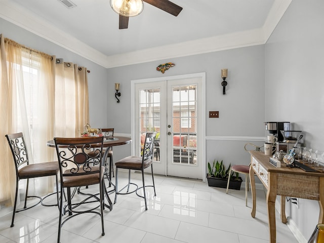 110 Hidden Ridge Dr, Spartanburg, SC 29301 - dining space with ceiling fan, french doors, crown molding, and light tile patterned flooring