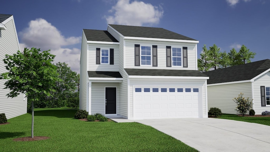 7211 New Harmony Way, Inman, SC 29349 - traditional home with a garage, concrete driveway, a front yard, and roof with shingles