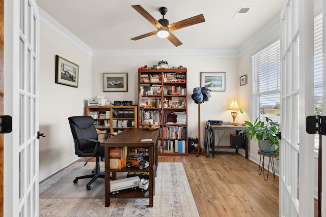 3075 Toliver Trl, Boiling Springs, SC 29316 - home office with crown molding, a ceiling fan, light wood finished floors, and french doors