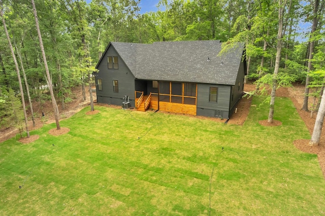 120 Thomason View Rd, Fountain Inn, SC 29644 - view of front facade featuring crawl space, a shingled roof, a sunroom, and a front yard