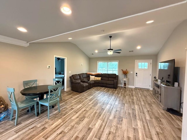 115 Rolling Mill Rd, Gaffney, SC 29340 - living room featuring lofted ceiling, a ceiling fan, light wood-style flooring, and recessed lighting