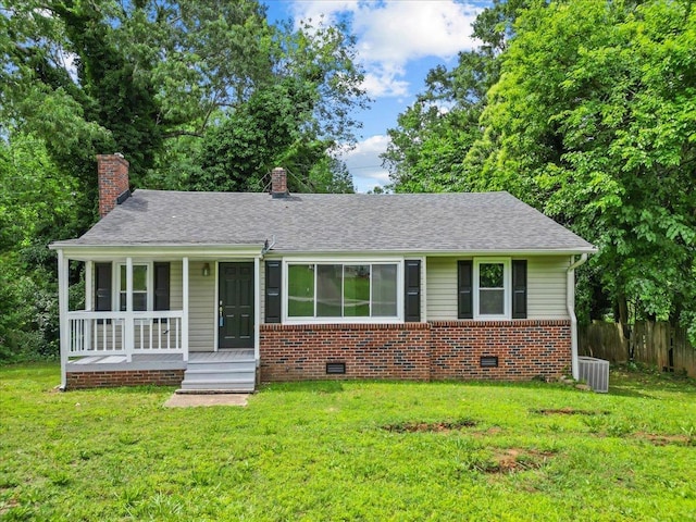 504 Hilda St, Spartanburg, SC 29306 - view of front facade featuring a chimney, covered porch, brick siding, crawl space, and a shingled roof