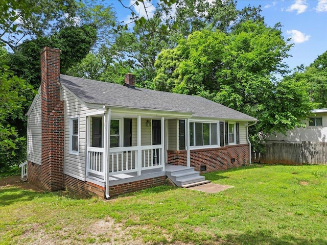 504 Hilda St, Spartanburg, SC 29306 - view of front of home featuring crawl space, a chimney, a porch, roof with shingles, and brick siding