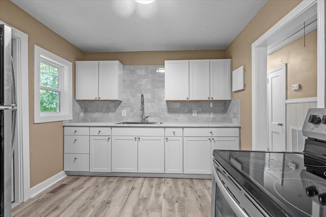 504 Hilda St, Spartanburg, SC 29306 - kitchen featuring appliances with stainless steel finishes, light wood-type flooring, backsplash, white cabinetry, and light countertops
