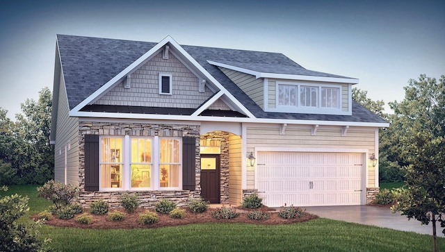 1839 Wabash Pl, Boiling Springs, SC 29316 - craftsman-style house with stone siding, concrete driveway, a front lawn, an attached garage, and a shingled roof