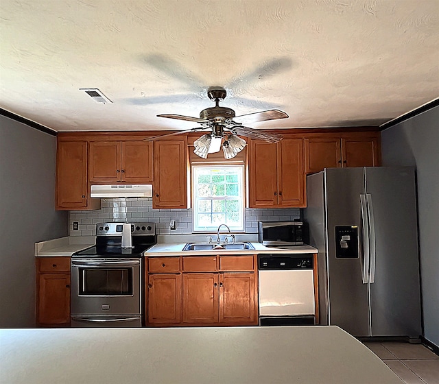105 Anderson St, Spartanburg, SC 29301 - kitchen featuring stainless steel appliances, under cabinet range hood, brown cabinets, and decorative backsplash