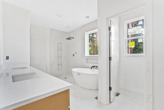 122 Belue Mill Rd, Landrum, SC 29356 - bathroom featuring marble finish flooring, a freestanding tub, vanity, and a marble finish shower