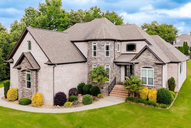 740 N Alamosa Dr, Boiling Springs, SC 29316 - french country style house with a front yard, roof with shingles, brick siding, and stone siding