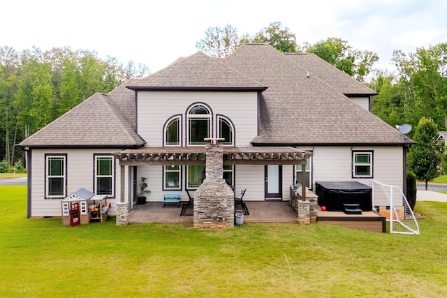 740 N Alamosa Dr, Boiling Springs, SC 29316 - back of property with a hot tub, a pergola, a patio area, a lawn, and roof with shingles
