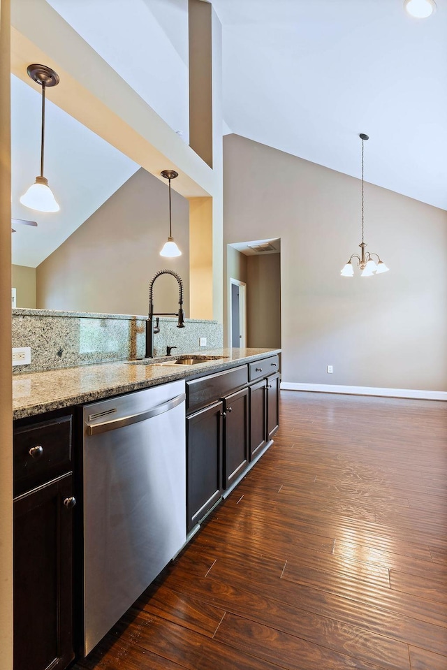 30 Caperton Way, Greer, SC 29651 - kitchen featuring dishwasher, dark wood finished floors, backsplash, hanging light fixtures, and light stone counters