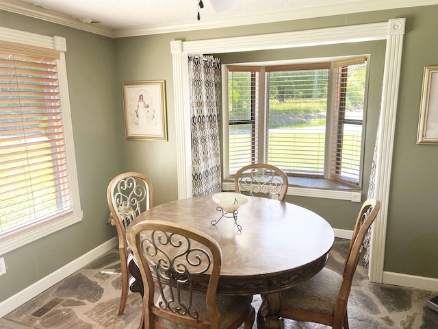 355 Blue Ridge Rd, Campobello, SC 29322 - dining space with ornamental molding and ceiling fan