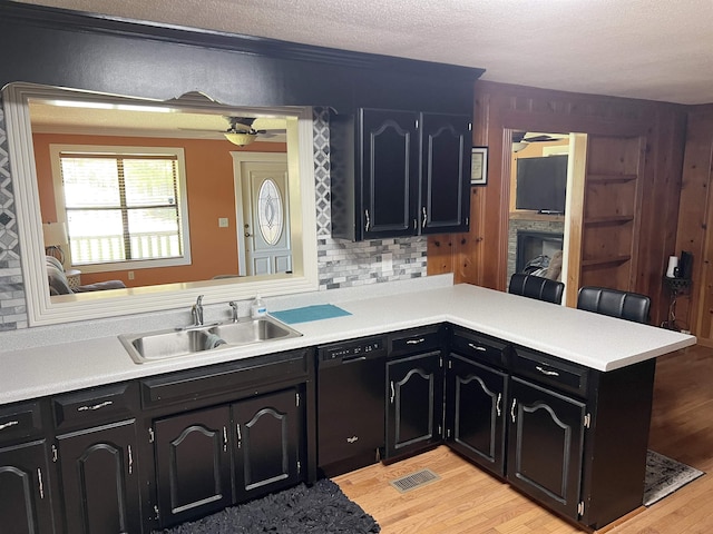355 Blue Ridge Rd, Campobello, SC 29322 - kitchen with black dishwasher, a peninsula, light wood-type flooring, dark cabinets, and light countertops