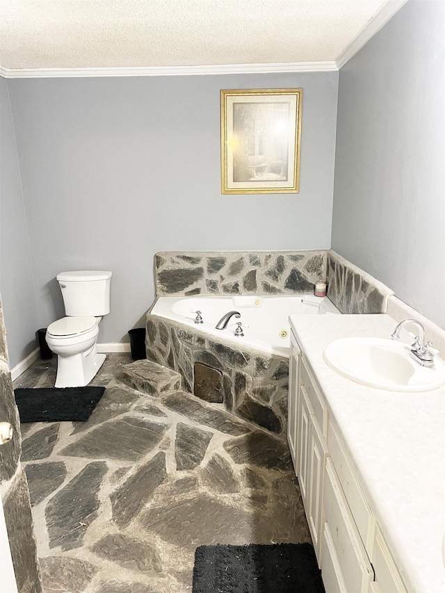 355 Blue Ridge Rd, Campobello, SC 29322 - bathroom with crown molding, a whirlpool tub, vanity, and stone flooring