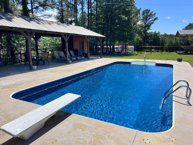 355 Blue Ridge Rd, Campobello, SC 29322 - swimming pool featuring a gazebo, a patio, a diving board, and a yard