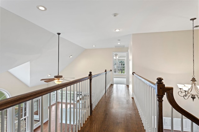 139 N Woodfin Ridge Dr, Inman, SC 29349 - corridor with an upstairs landing, wood finished floors, vaulted ceiling, recessed lighting, and a chandelier