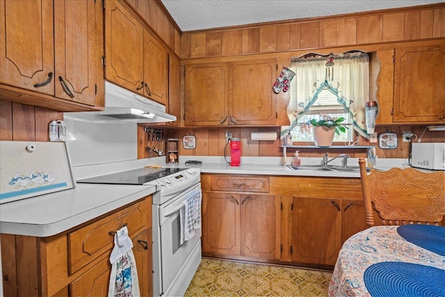 195 Seigle Dr, Inman, SC 29349 - kitchen with white appliances, under cabinet range hood, brown cabinets, light countertops, and a textured ceiling