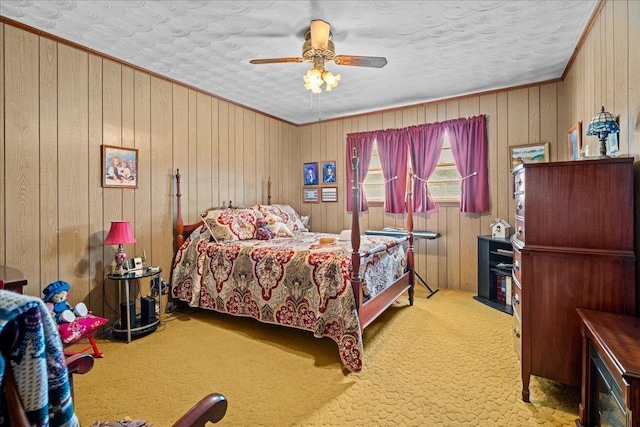 195 Seigle Dr, Inman, SC 29349 - bedroom with carpet flooring, wood walls, and ceiling fan