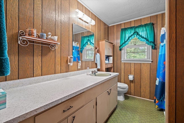 195 Seigle Dr, Inman, SC 29349 - full bathroom with wood walls, vanity, a textured ceiling, ornamental molding, and a shower with shower curtain