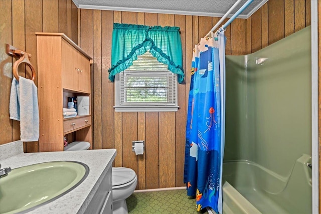 195 Seigle Dr, Inman, SC 29349 - full bathroom with wood walls, vanity, shower / bath combo, and ornamental molding