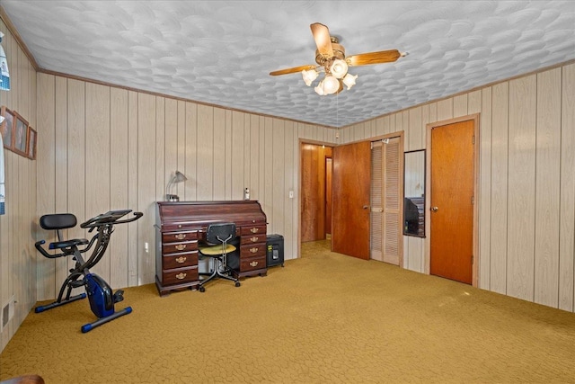 195 Seigle Dr, Inman, SC 29349 - office with carpet floors, a ceiling fan, and wood walls