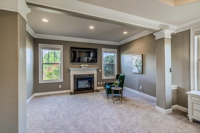 112 Murdock Ln, Greer, SC 29651 - living area with carpet, ornamental molding, a fireplace, and recessed lighting