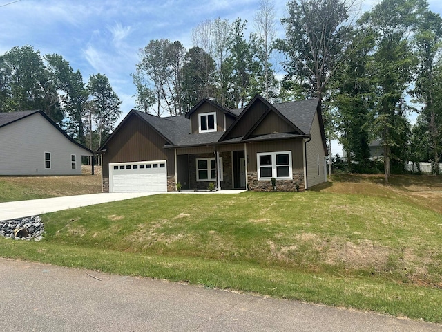 953 Mike Cir, Boiling Springs, SC 29303 - craftsman-style home with stone siding, an attached garage, driveway, a front yard, and a shingled roof
