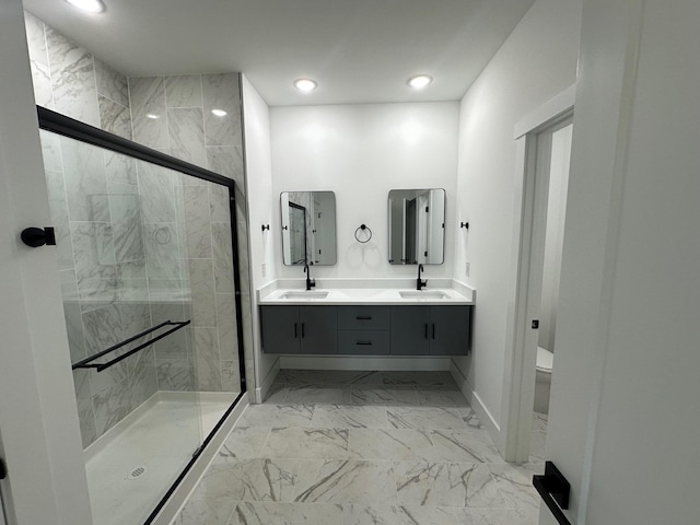 953 Mike Cir, Boiling Springs, SC 29303 - full bath featuring a stall shower, double vanity, marble finish floors, and recessed lighting