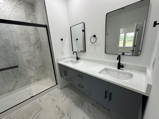 953 Mike Cir, Boiling Springs, SC 29303 - full bath with double vanity, a stall shower, and marble look tile flooring