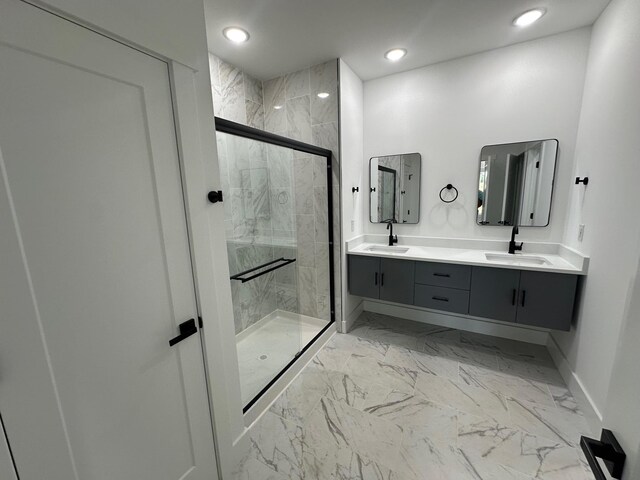 953 Mike Cir, Boiling Springs, SC 29303 - bathroom with a marble finish shower, double vanity, marble finish floors, and recessed lighting