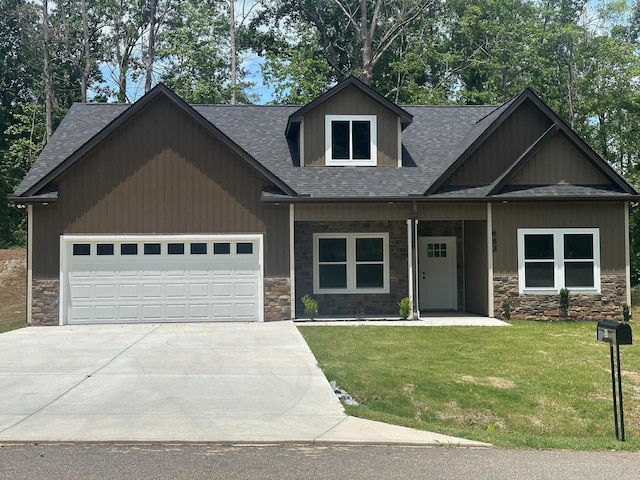 953 Mike Cir, Boiling Springs, SC 29303 - craftsman house with stone siding, driveway, roof with shingles, a garage, and a front lawn