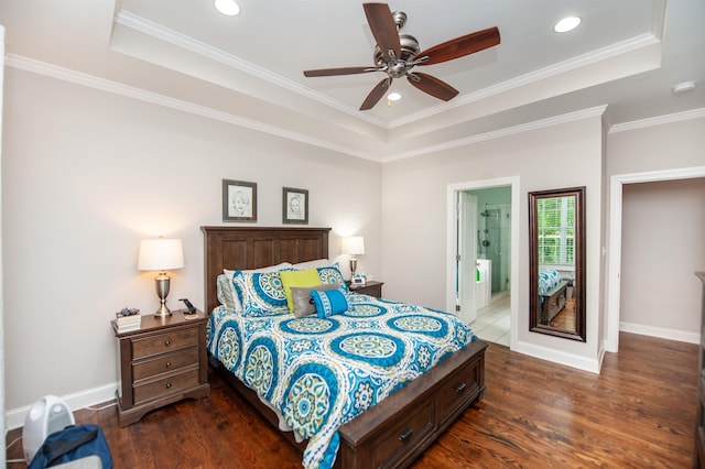 211 Piper Glen Ln, Inman, SC 29349 - bedroom with a raised ceiling, dark wood-style flooring, ornamental molding, recessed lighting, and connected bathroom