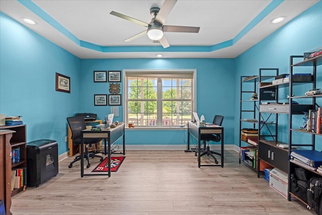3881 New Cut Rd, Inman, SC 29349 - office space featuring a ceiling fan, wood finished floors, a raised ceiling, and recessed lighting