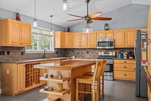3881 New Cut Rd, Inman, SC 29349 - kitchen featuring stainless steel appliances, wood counters, open shelves, lofted ceiling, and decorative backsplash