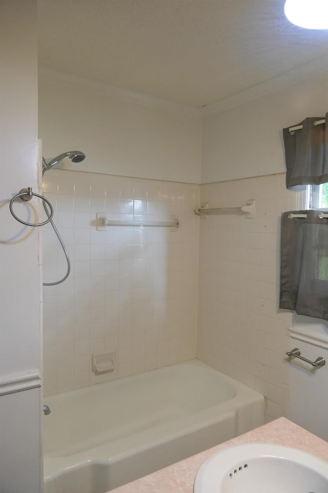 4421 New Cut Rd, Inman, SC 29349 - bathroom featuring ornamental molding,  shower combination, and vanity