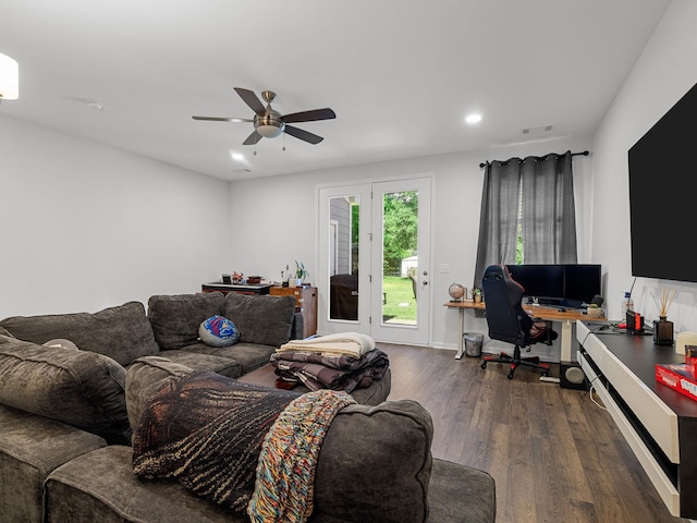 115 Turfway Dr, Greer, SC 29651 - living area featuring dark wood-type flooring, a ceiling fan, a desk, and recessed lighting
