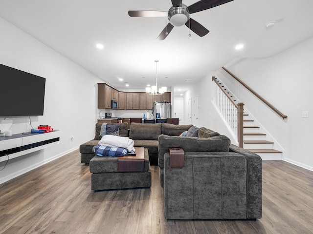 115 Turfway Dr, Greer, SC 29651 - living room with ceiling fan, a chandelier, stairway, dark wood-style floors, and recessed lighting