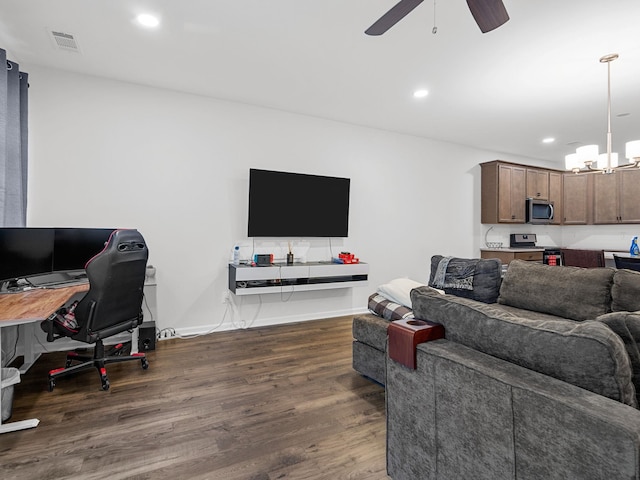 115 Turfway Dr, Greer, SC 29651 - living room with dark wood-style flooring, ceiling fan, an office area, a chandelier, and recessed lighting