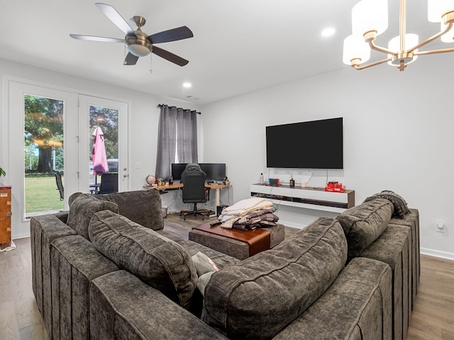 115 Turfway Dr, Greer, SC 29651 - living room featuring an office area, a chandelier, wood finished floors, ceiling fan, and recessed lighting