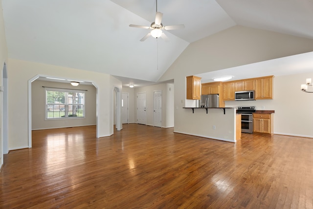 719 S Bomar Ave, Landrum, SC 29356 - unfurnished living room with high vaulted ceiling, ceiling fan, and wood finished floors