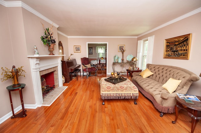 147 Hillbrook Dr, Spartanburg, SC 29307 - living area featuring wood finished floors, a brick fireplace, and ornamental molding