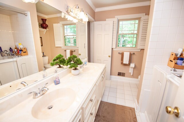 147 Hillbrook Dr, Spartanburg, SC 29307 - bathroom with double vanity, ornamental molding, plenty of natural light, tile patterned floors, and shower / bath combination
