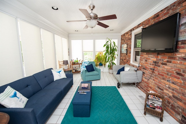 147 Hillbrook Dr, Spartanburg, SC 29307 - sunroom with an outdoor hangout area, brick wall, tile patterned floors, a ceiling fan, and crown molding