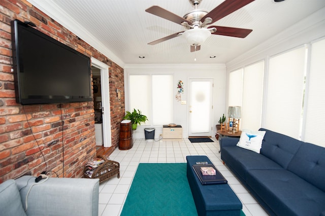 147 Hillbrook Dr, Spartanburg, SC 29307 - living area featuring brick wall, light tile patterned flooring, a ceiling fan, and ornamental molding