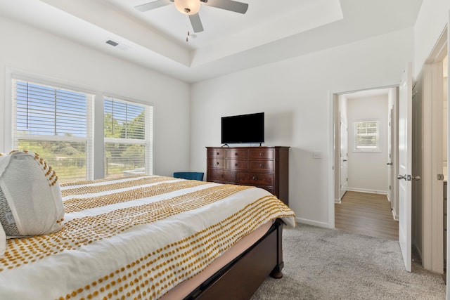 3008 Olivette Pl, Duncan, SC 29334 - carpeted bedroom with multiple windows, a raised ceiling, and a ceiling fan
