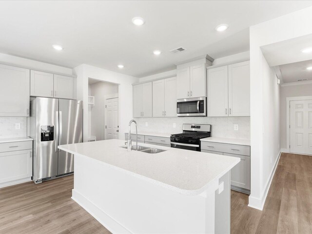 791 Burghley Cir, Greer, SC 29651 - kitchen featuring stainless steel appliances, a center island with sink, backsplash, light countertops, and light wood-style floors