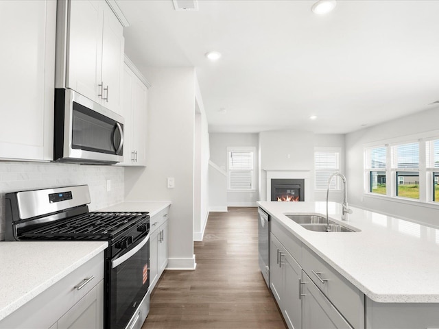 791 Burghley Cir, Greer, SC 29651 - kitchen with stainless steel appliances, decorative backsplash, a glass covered fireplace, dark wood-style floors, and an island with sink